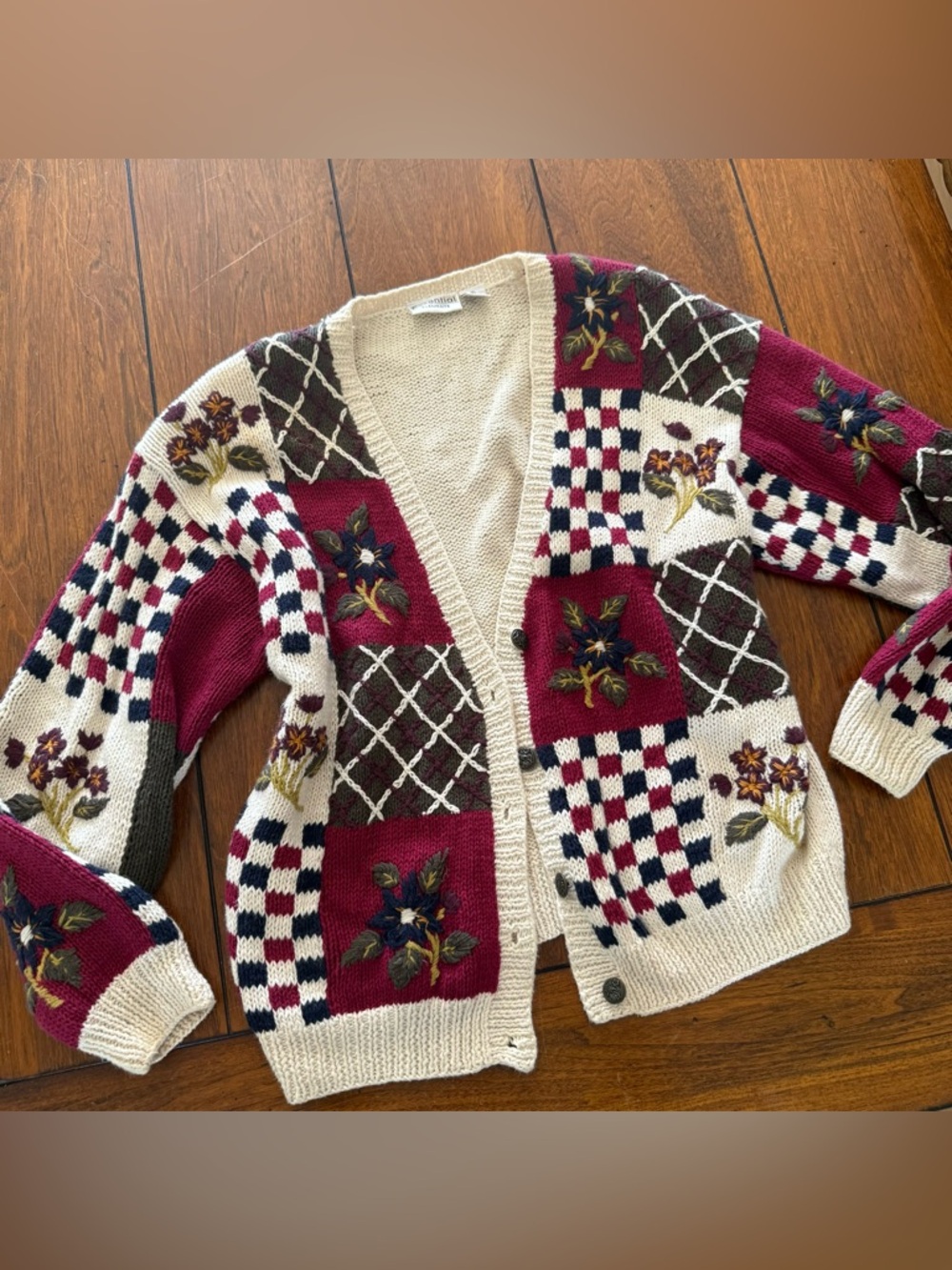 Patchwork Floral Embroidered Cardigan Sweater in Cream & Burgundy